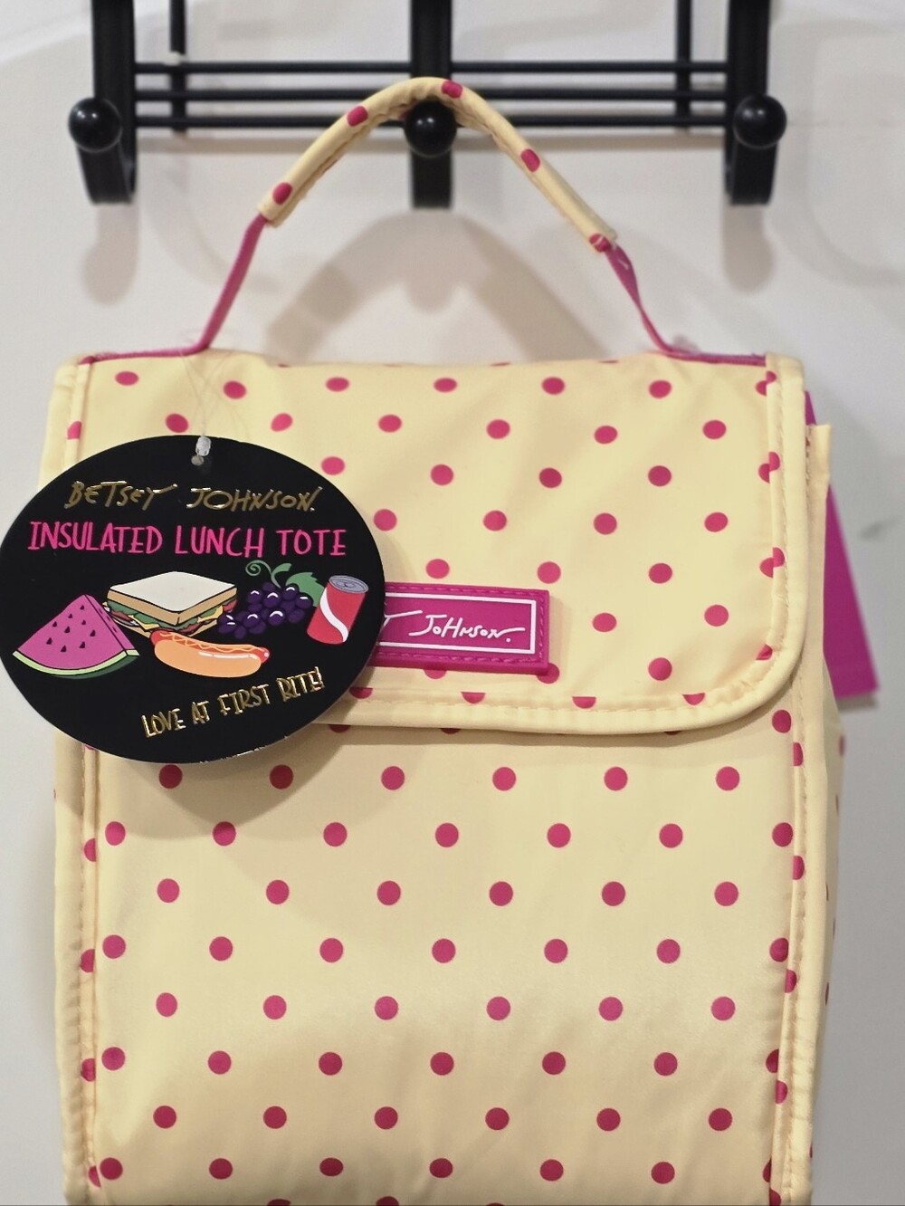 Betsey Johnson Polka Dot Flap Top Insulated Lunch Tote Bag- Yellow/Pink - Picture 3 of 8